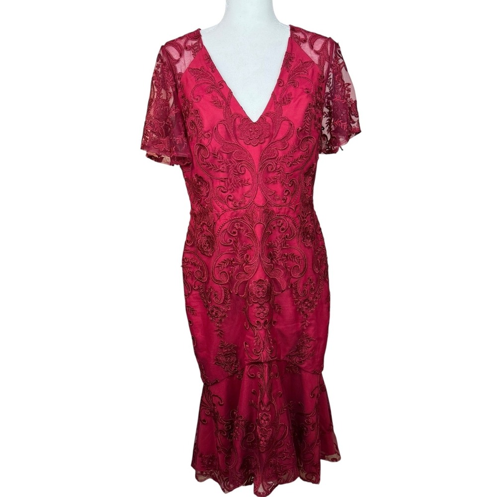 JJ's House Cocktail Dress Medium Trumpet Mermaid V-Neck Asymmetrical Garnet Lace